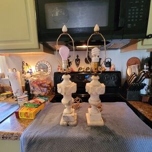 Pair of Decorative Vintage Marble Table Lamps in Cream and White